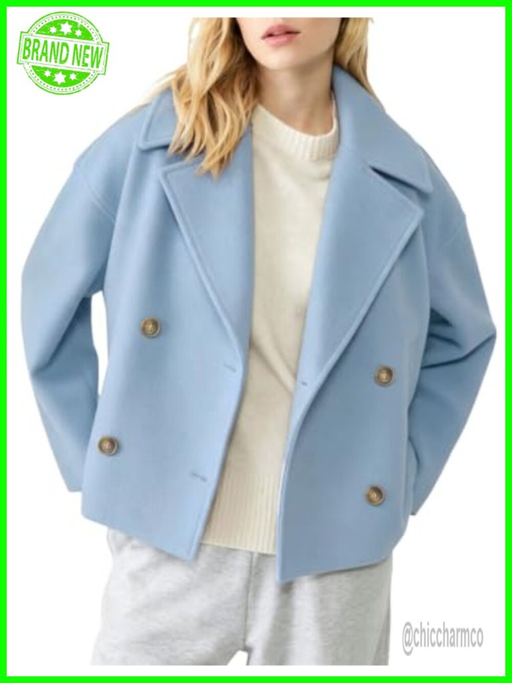 Cropped Pea Coat Double Breasted Wool Blend Notched Lapel